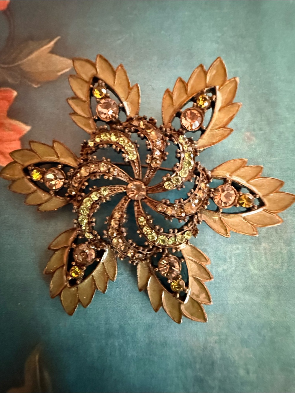 Vintage-Inspired Gold and Green Crystal Floral Brooch